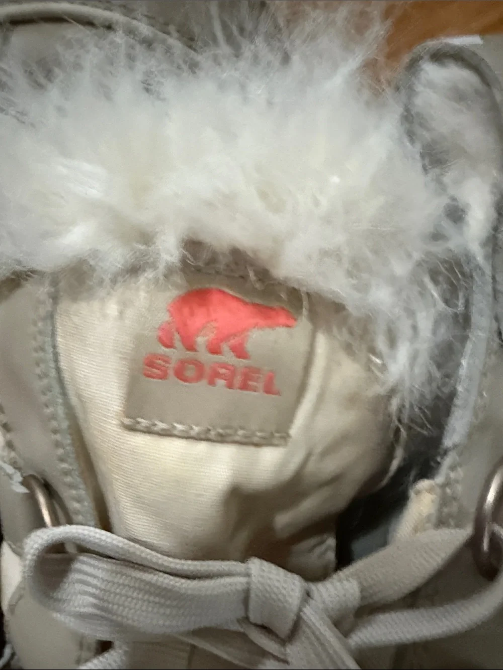 Sorel Lace-Up Winter Boot with Faux Fur Collar in Cream and Coral
